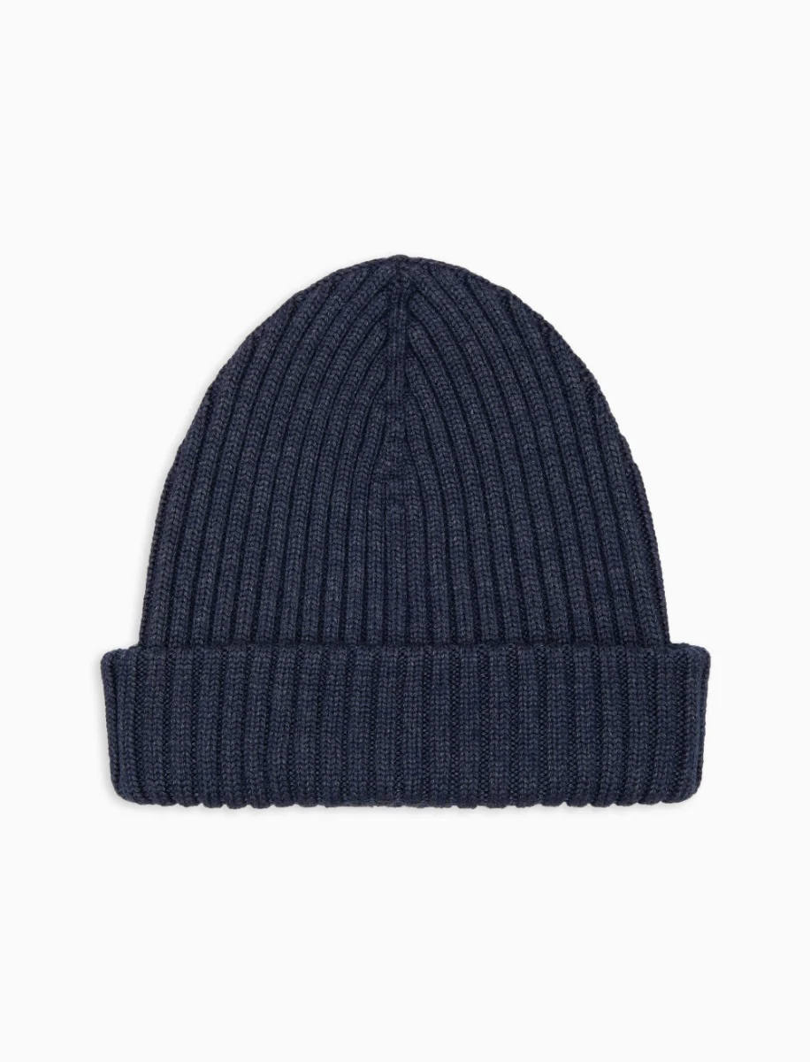 Berretto unisex lana, seta e cashmere blu a coste tinta unita - Image 3