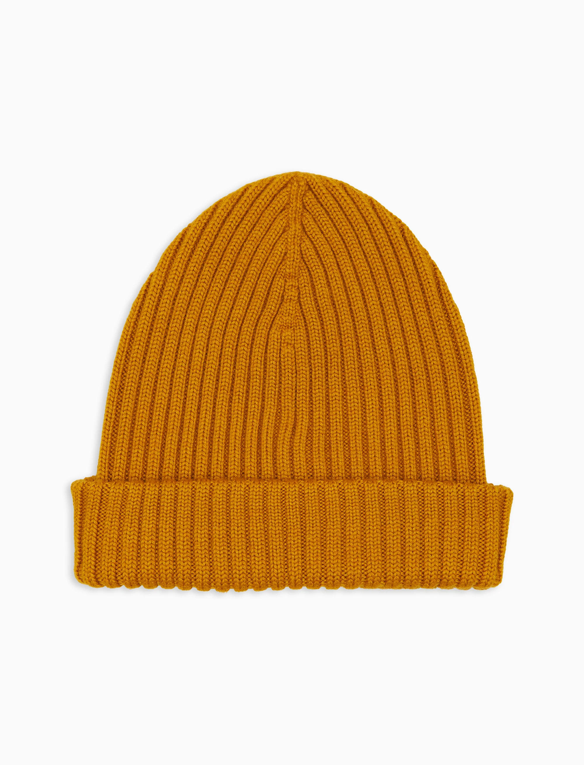 Berretto unisex lana, seta e cashmere giallo a coste tinta unita