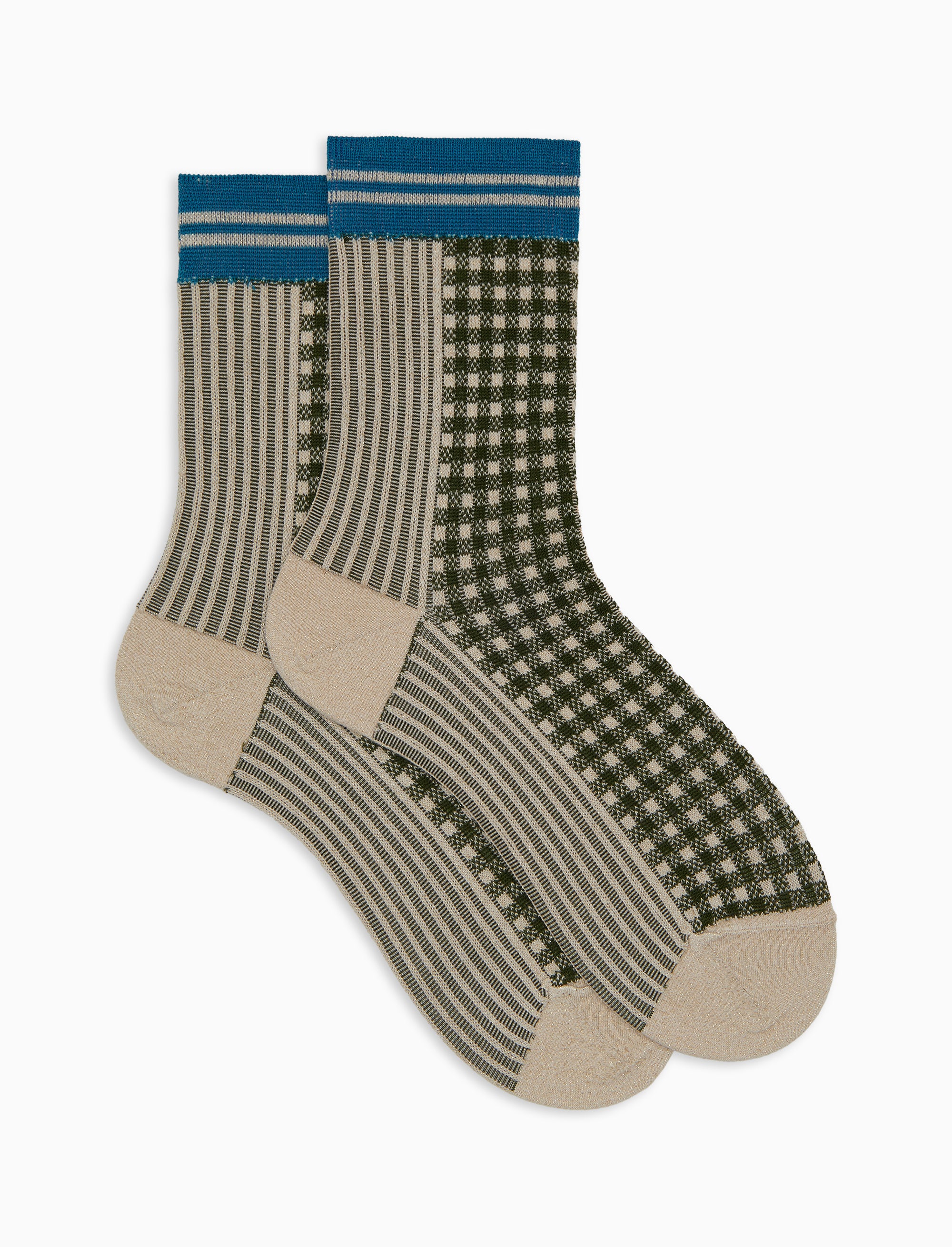 Calze corte donna cotone beige fantasia twin rib e micro tartan effetto scintillante