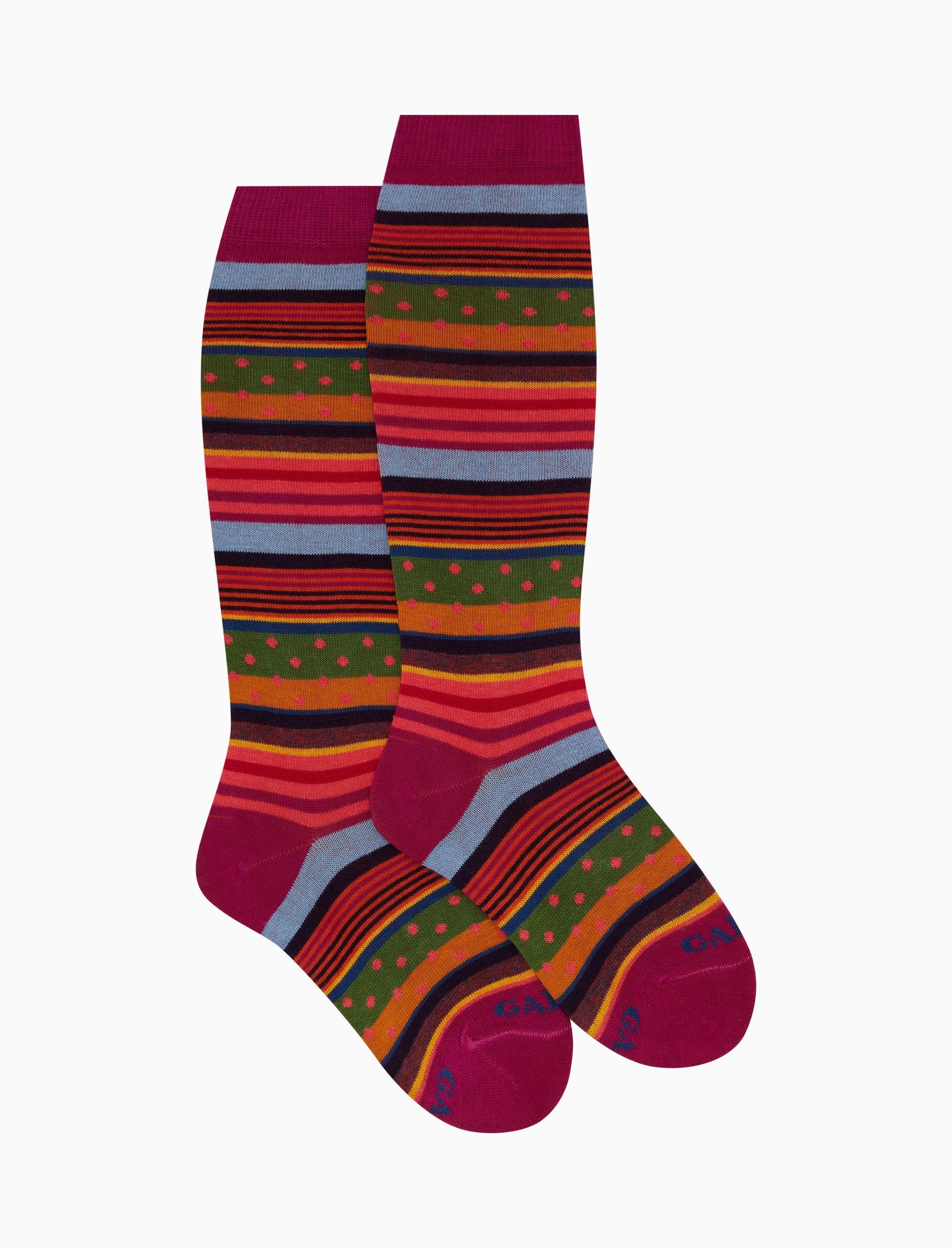 Calze lunghe bambino cotone fucsia fantasia mix righe e pois