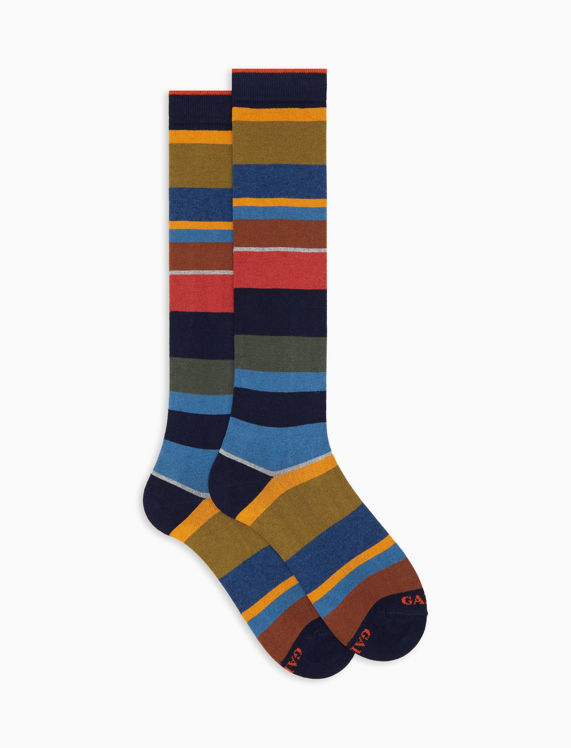 Calze lunghe donna cotone e cashmere blu righe multicolor macro