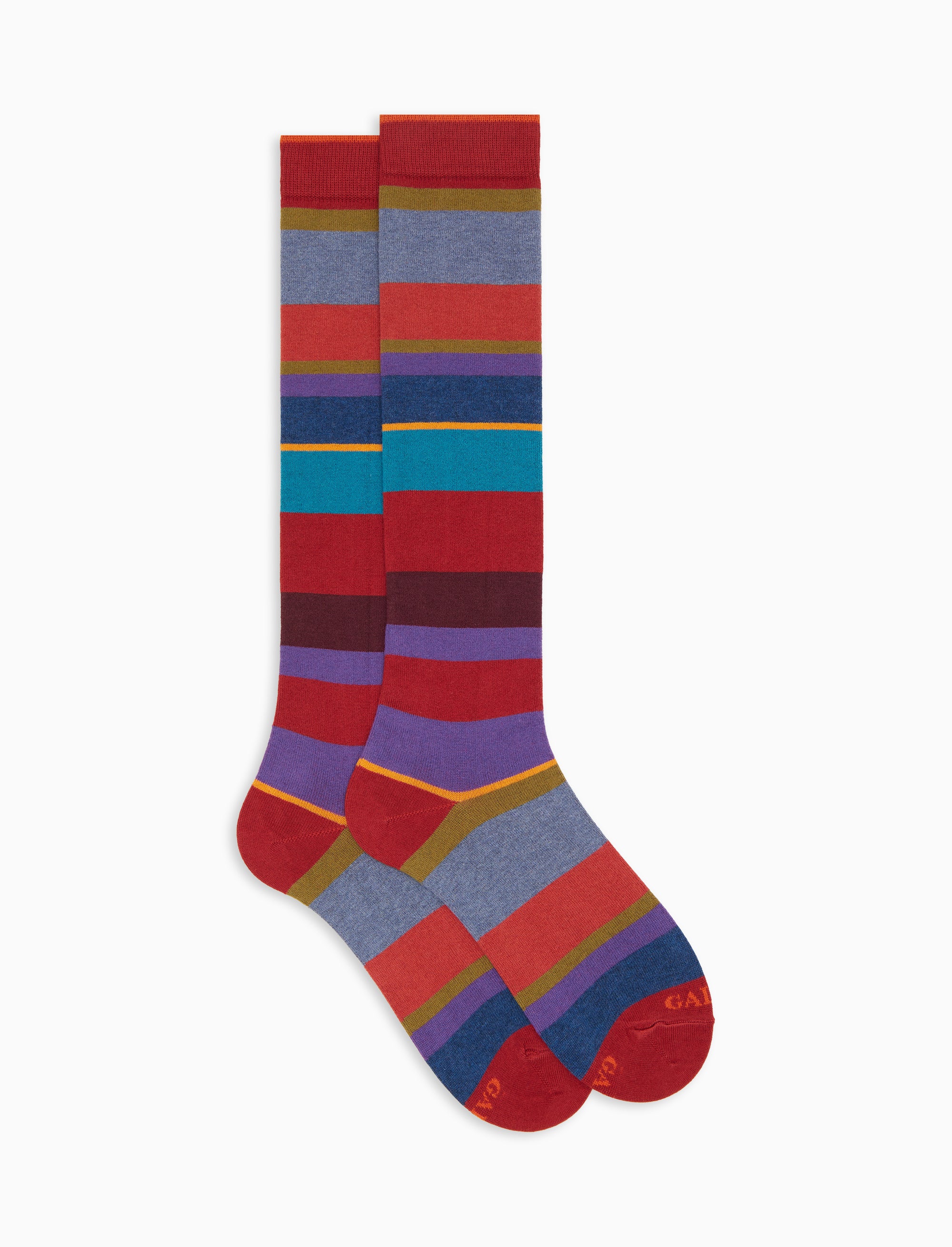 Calze lunghe donna cotone e cashmere rosso righe multicolor macro