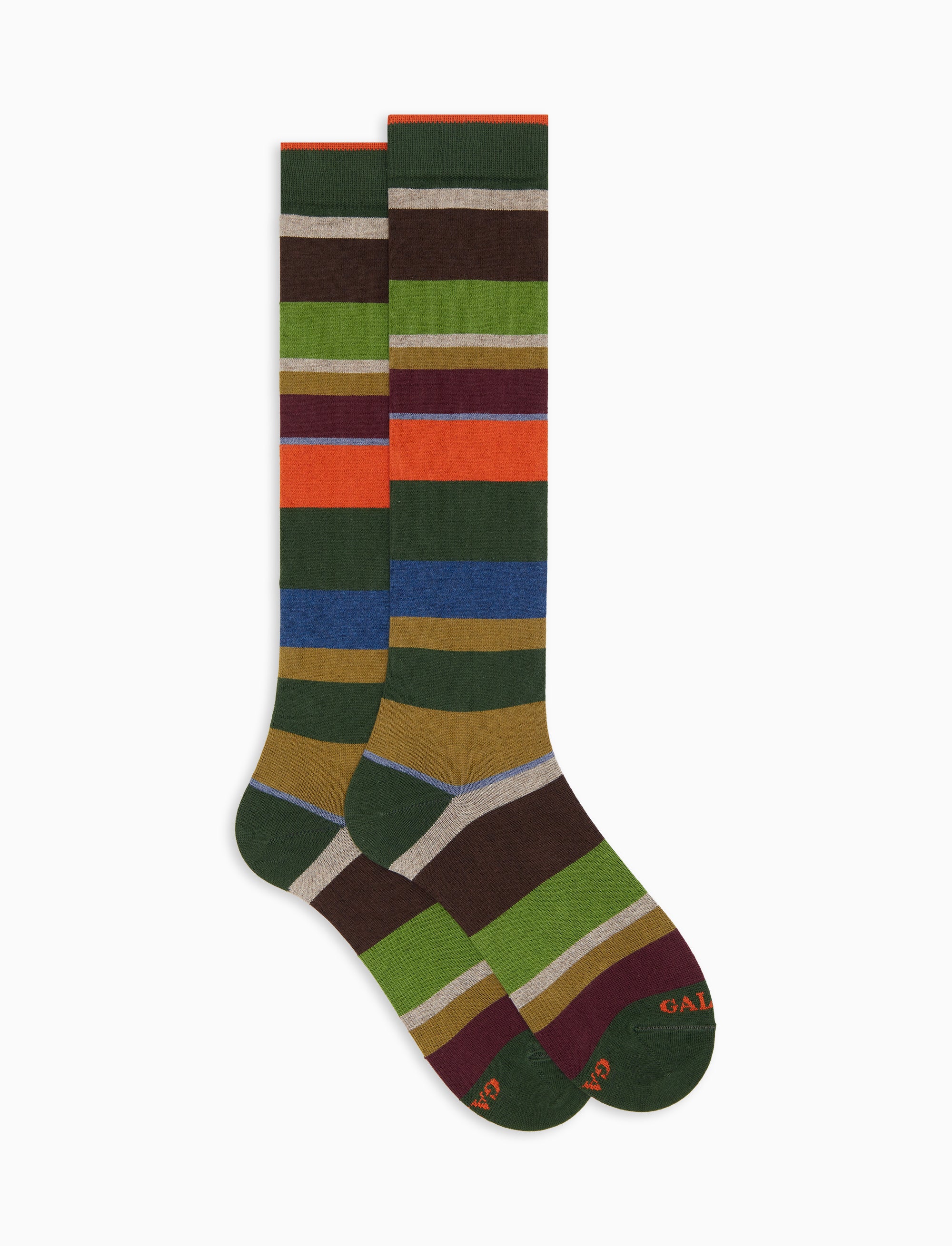 Calze lunghe donna cotone e cashmere verde righe multicolor macro