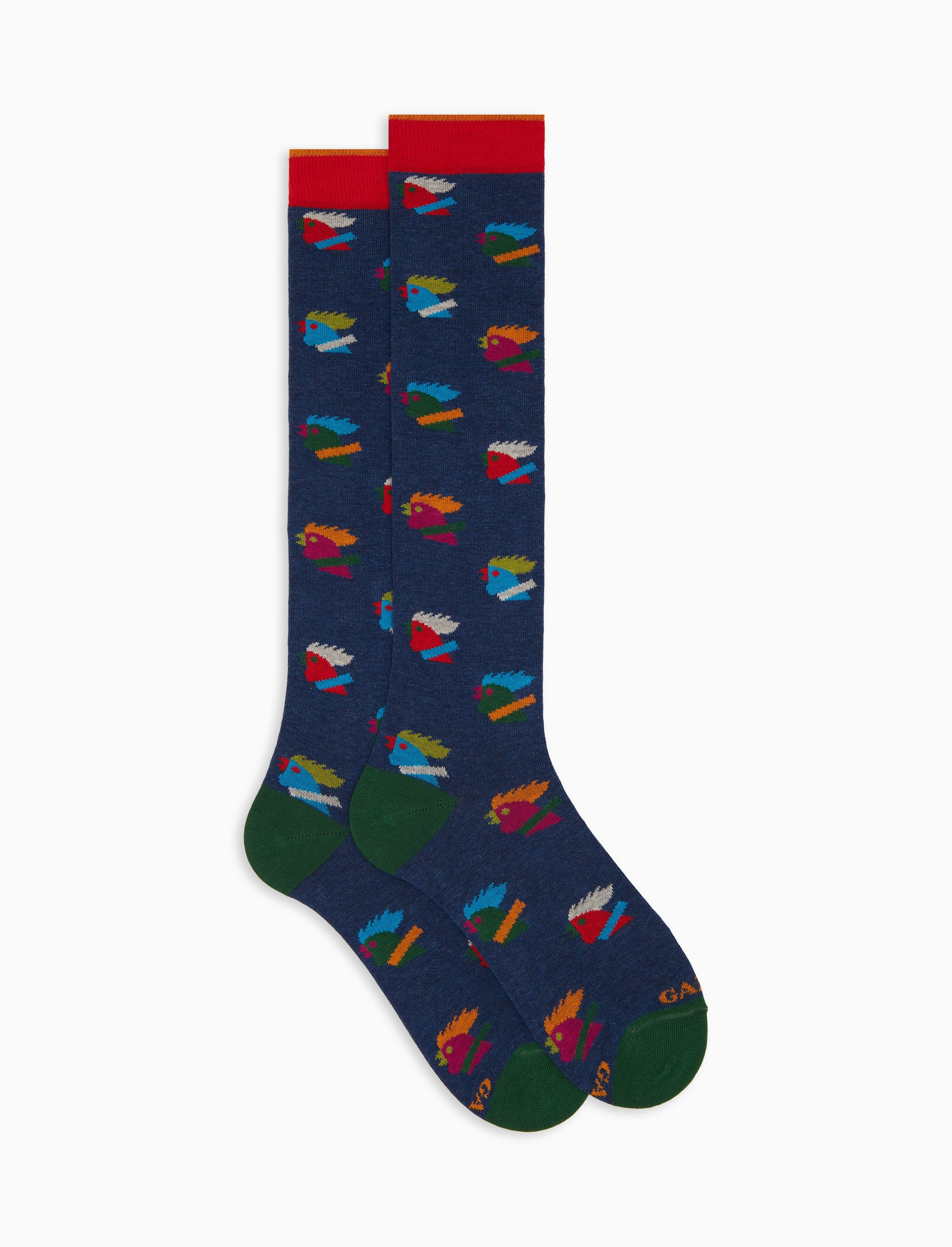 Calze lunghe uomo cotone blu fantasia galli multicolore
