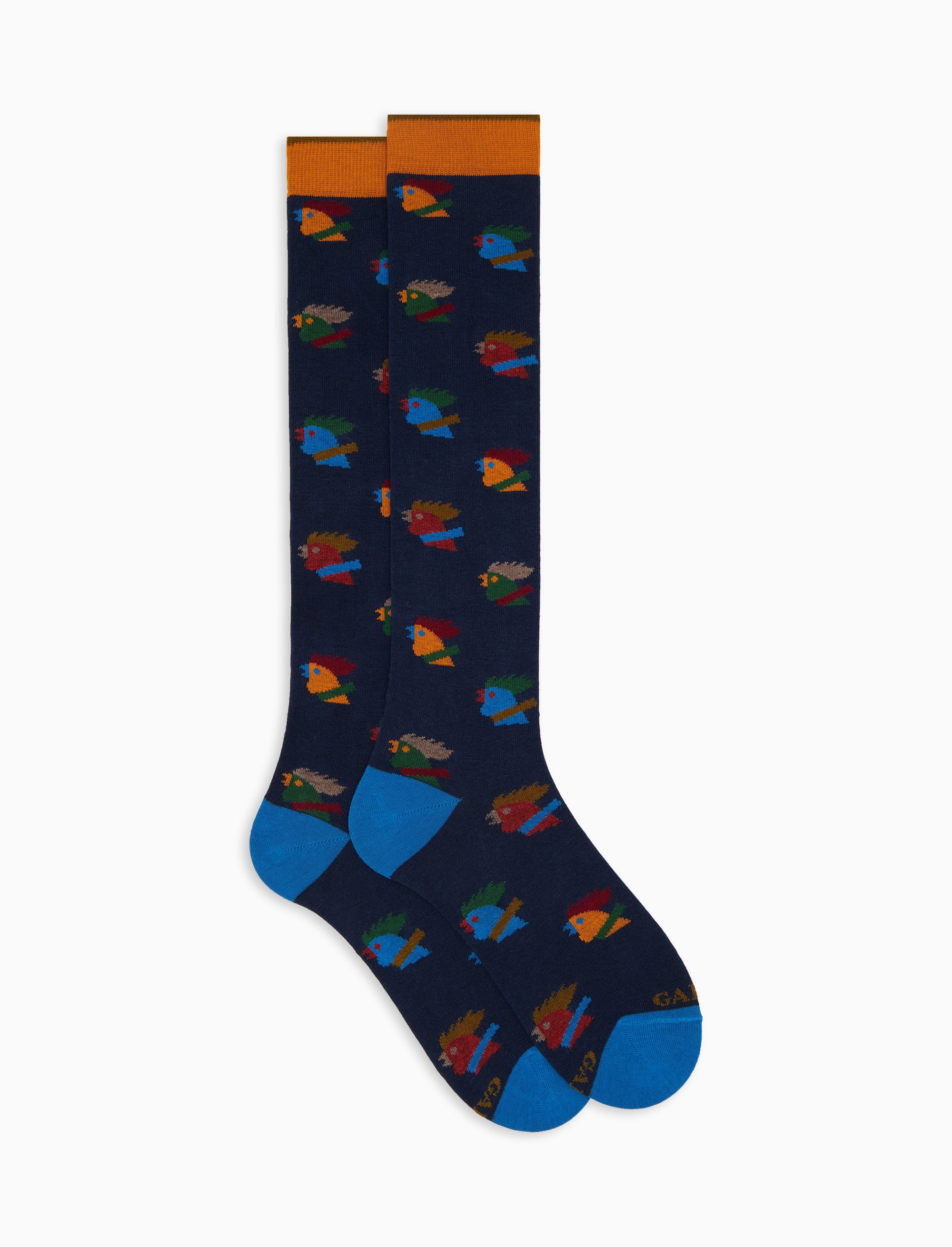 Calze lunghe uomo cotone blu fantasia galli multicolore