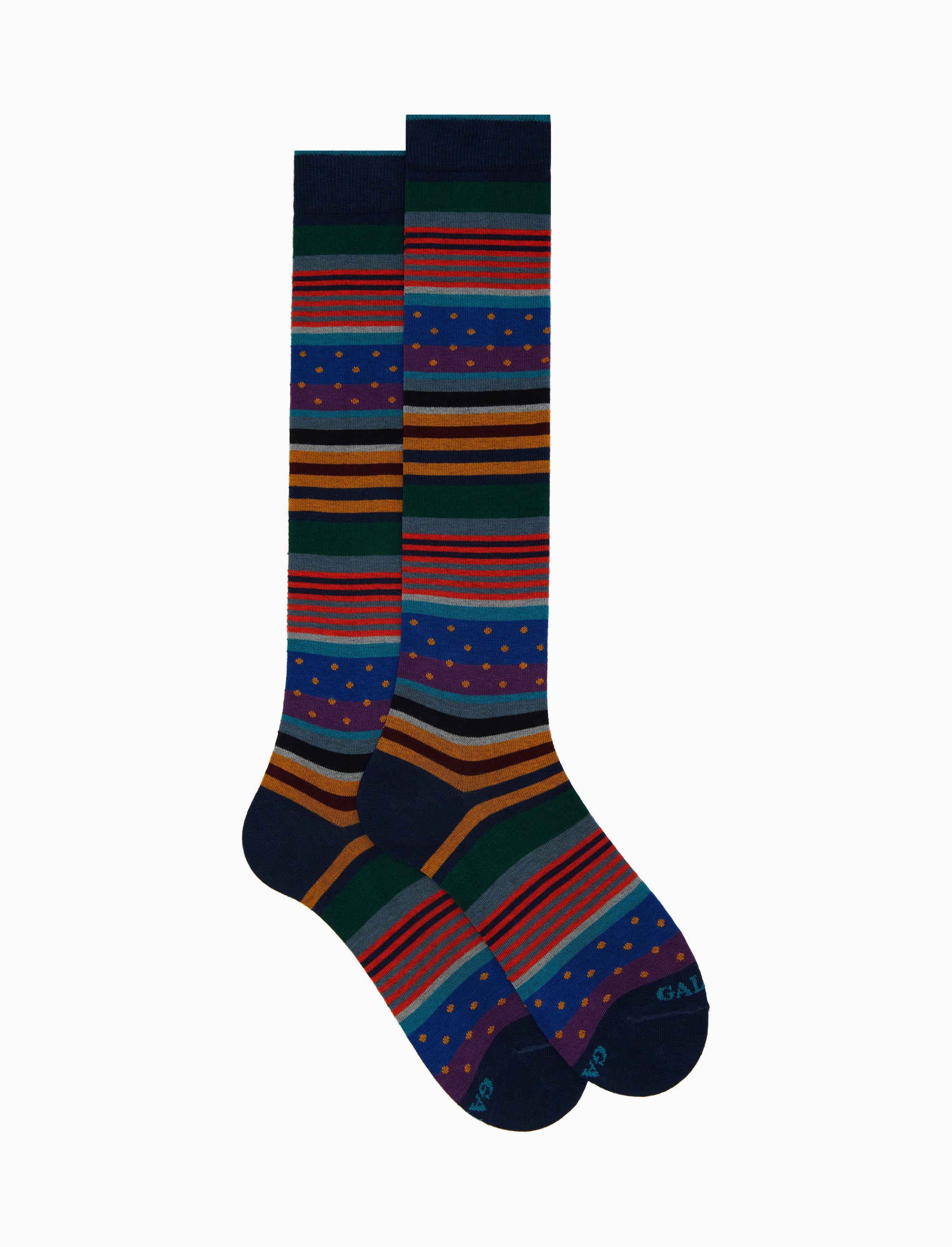 Calze lunghe uomo cotone blu fantasia mix righe e pois