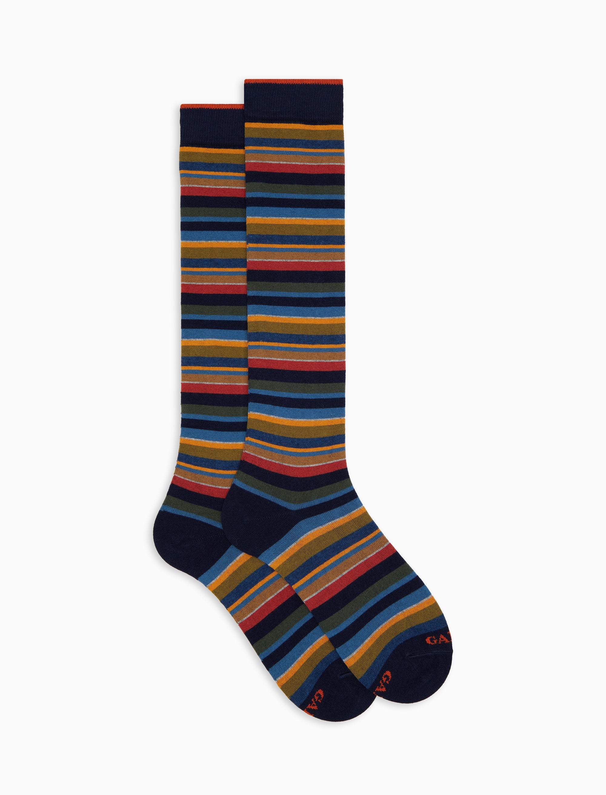 Calze lunghe uomo cotone e cashmere blu righe multicolor micro