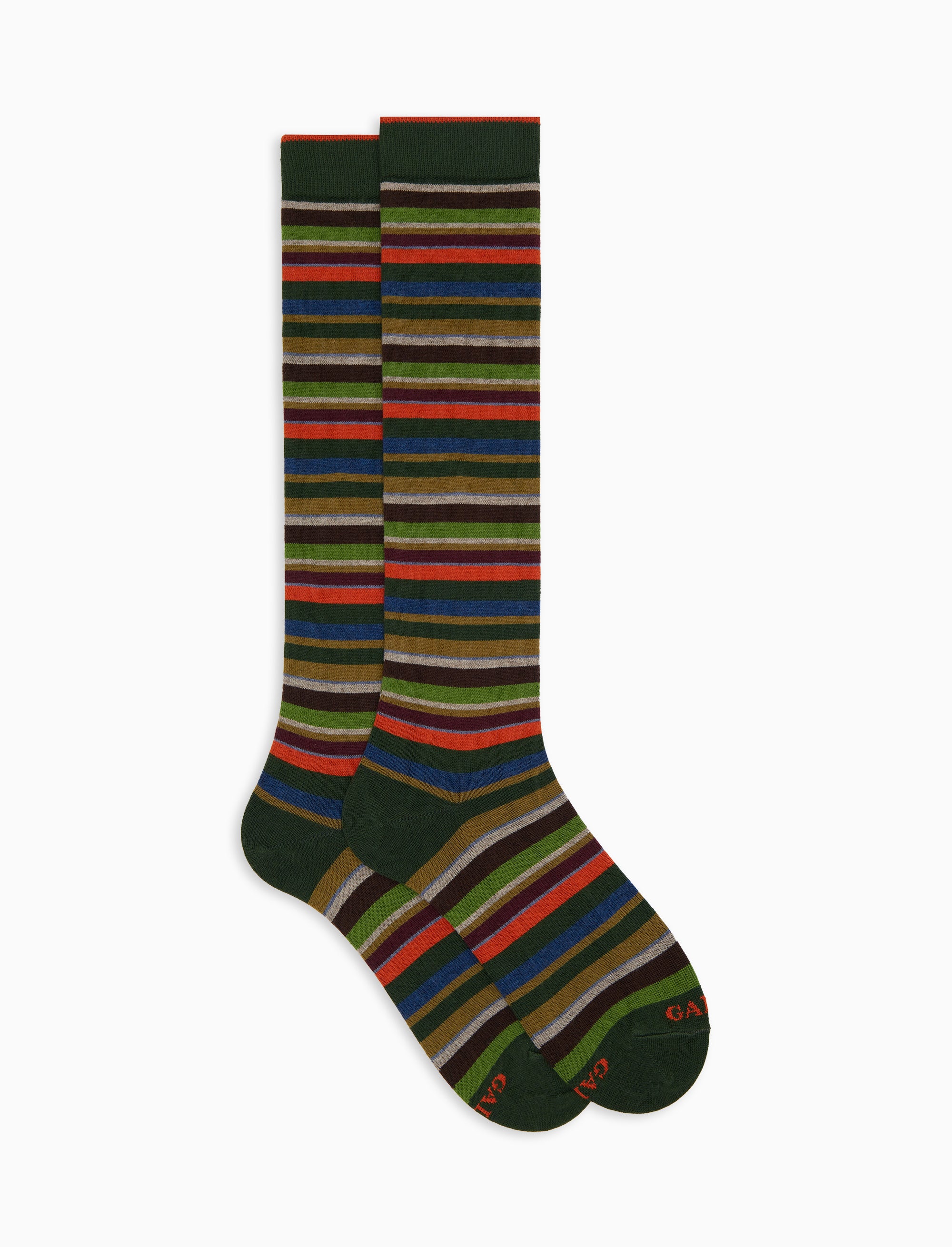 Calze lunghe uomo cotone e cashmere verde righe multicolor micro