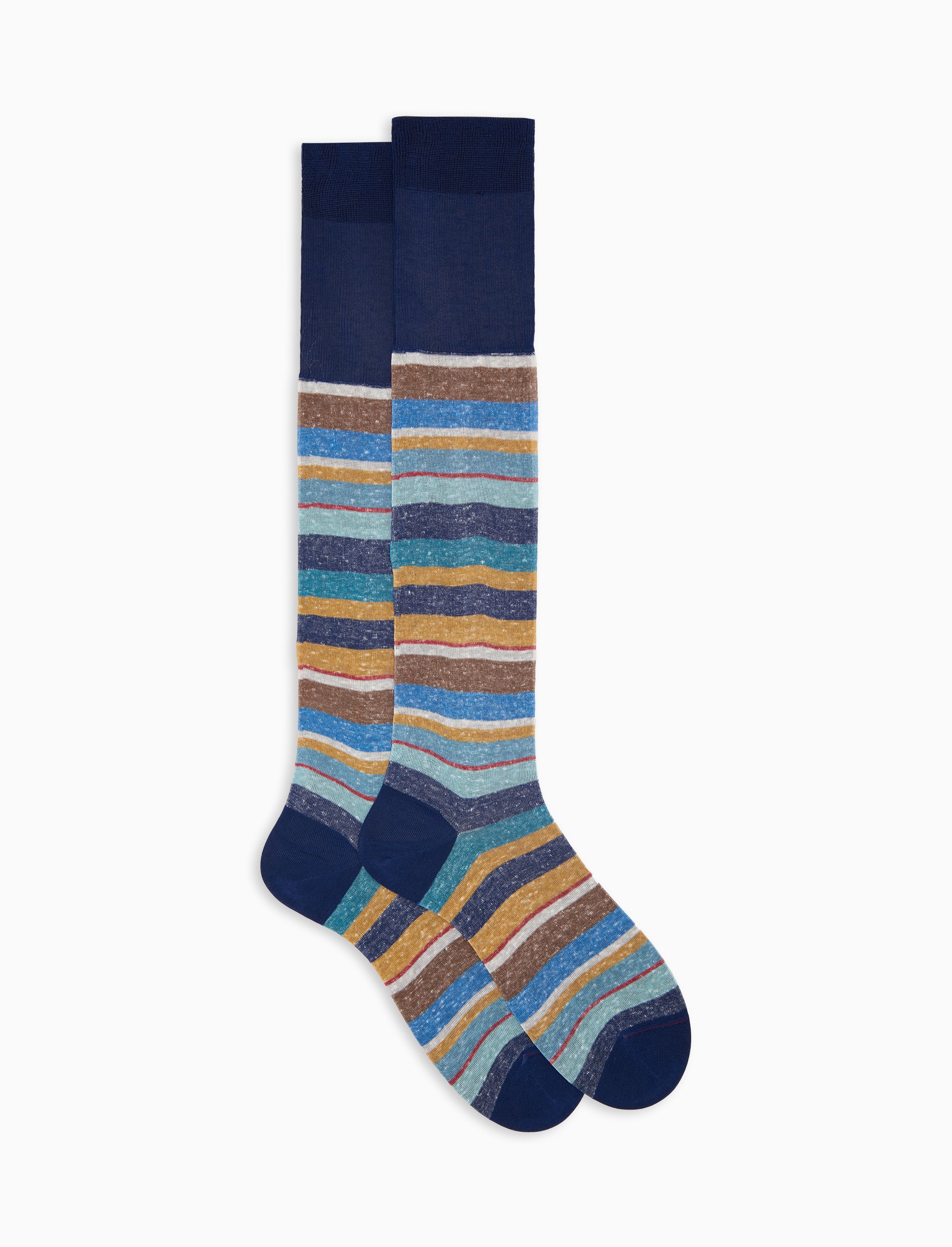 Calze lunghe uomo cotone e lino righe multicolor blu