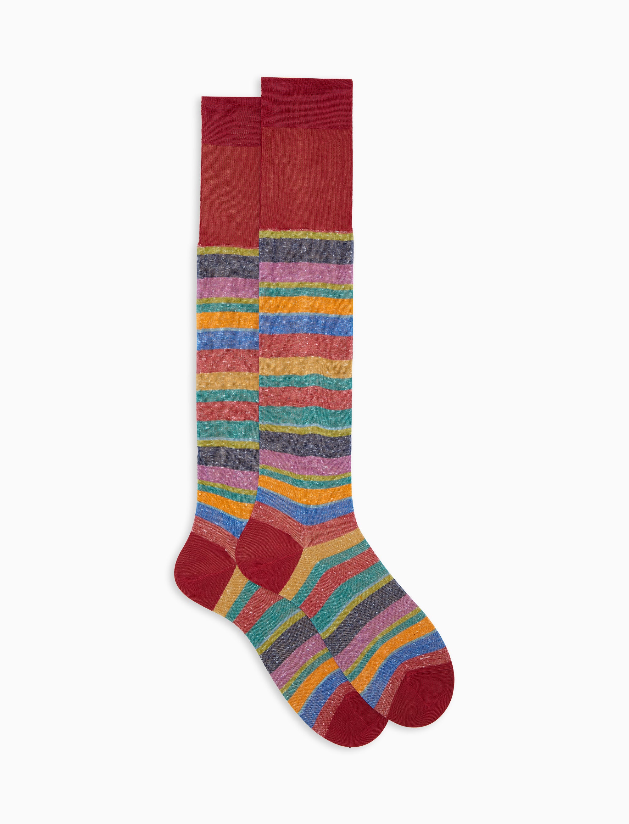 Calze lunghe uomo cotone e lino righe multicolor rosso