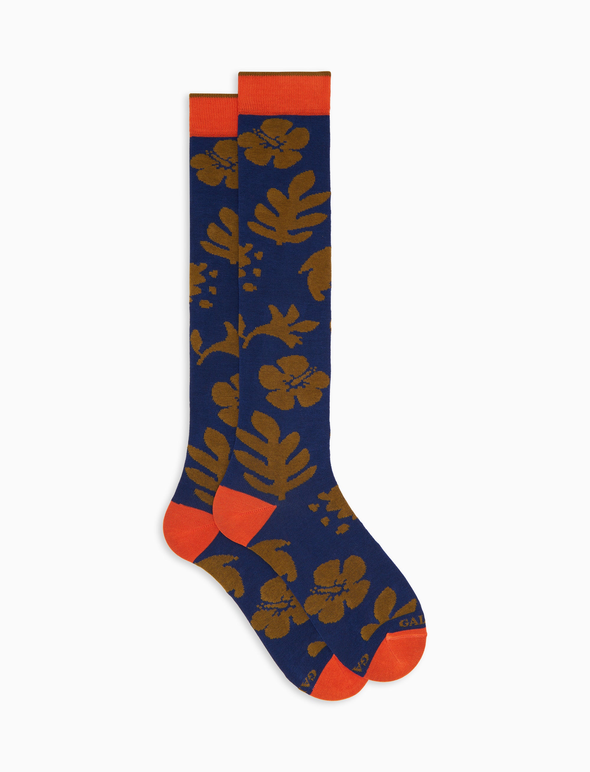 Calze lunghe uomo cotone leggero fantasia fiori su fondo blu