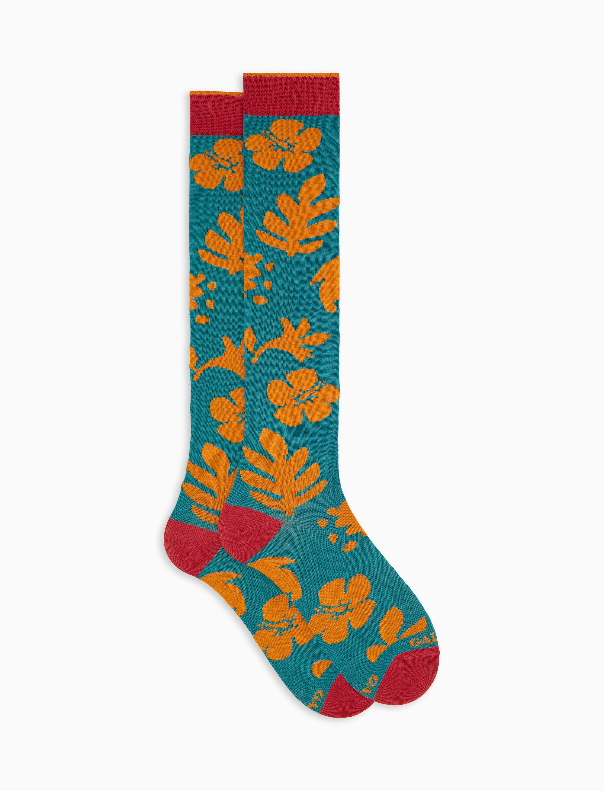 Calze lunghe uomo cotone leggero fantasia fiori su fondo color pavone