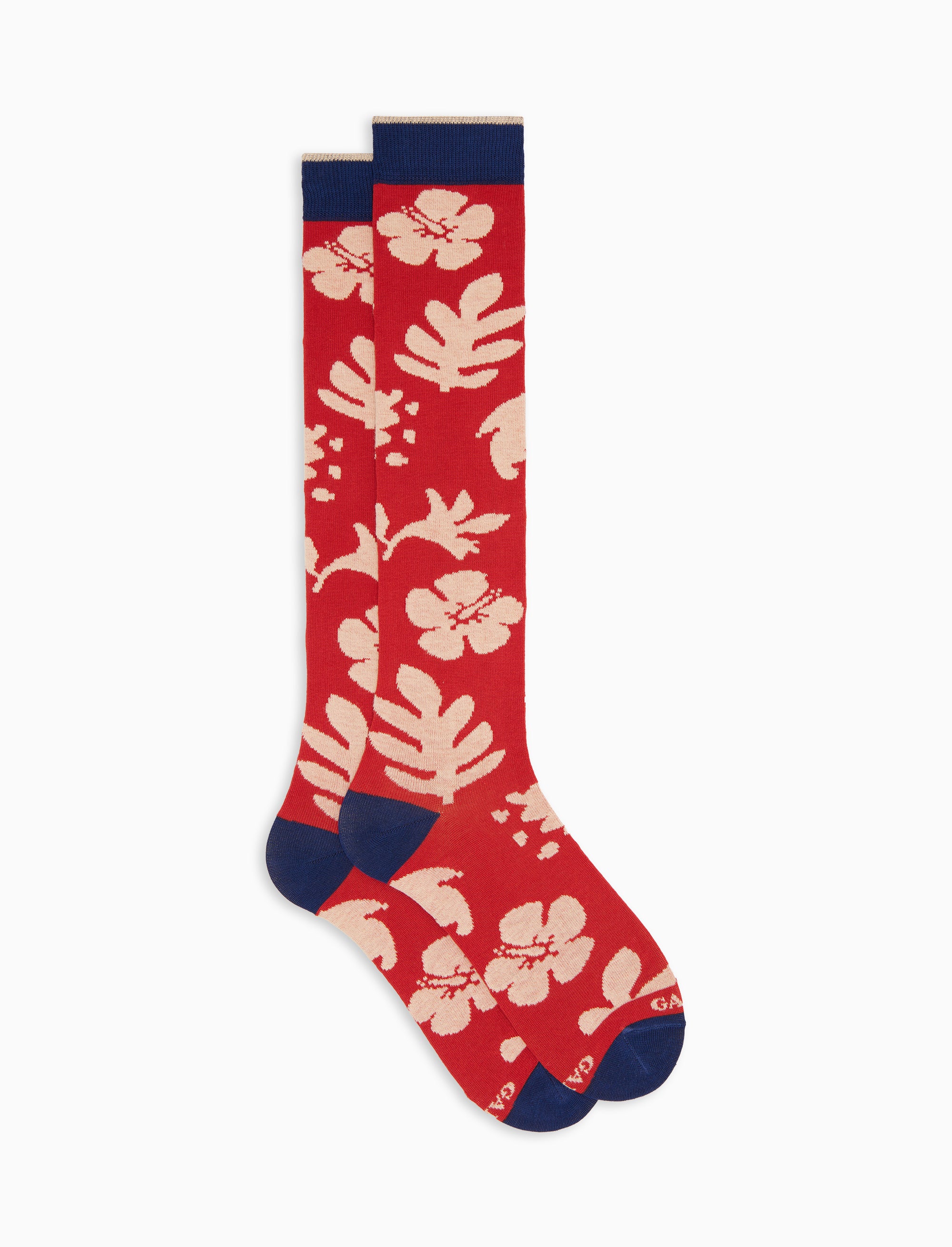 Calze lunghe uomo cotone leggero fantasia fiori su fondo rosso