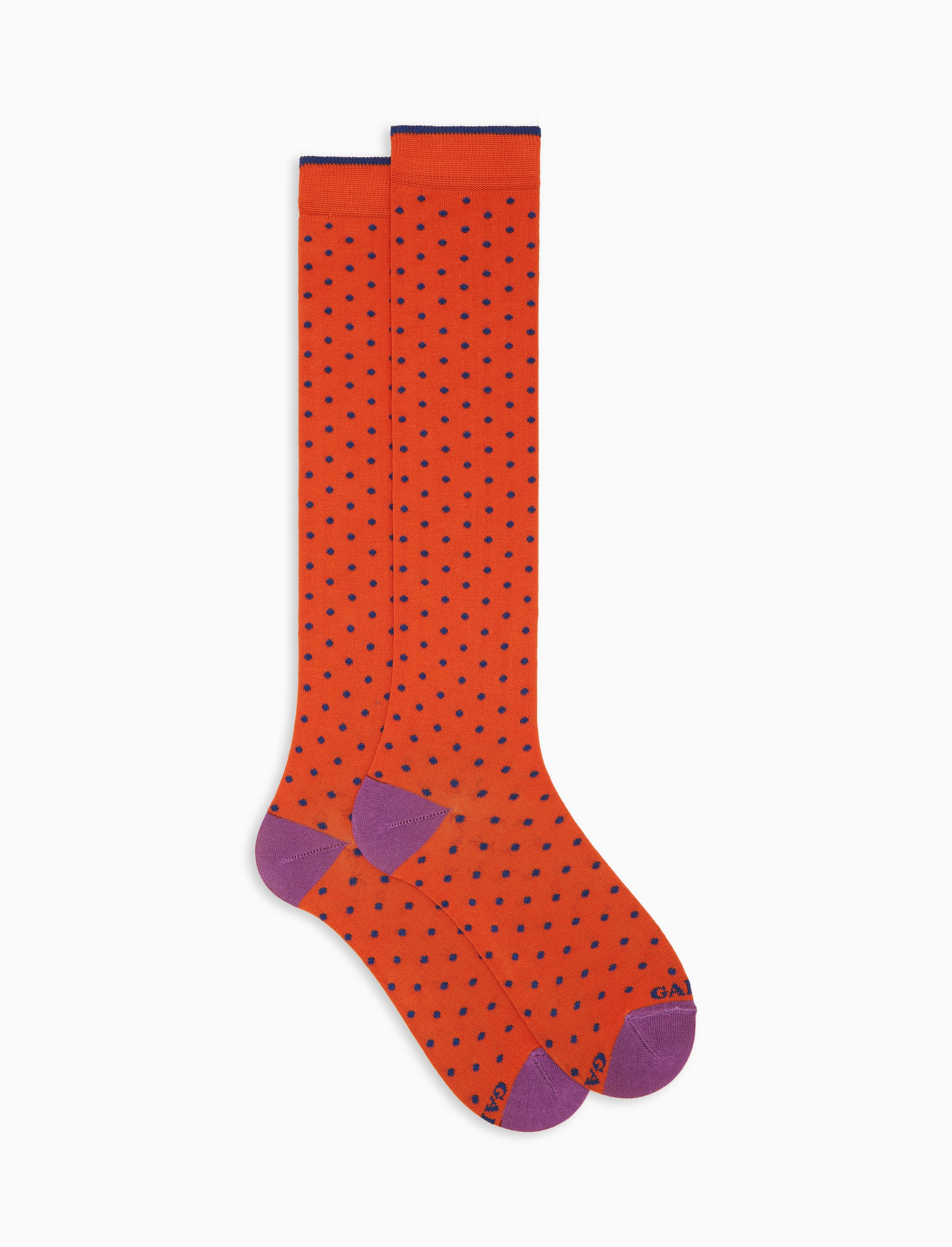 Calze lunghe uomo cotone leggero fantasia pois arancio