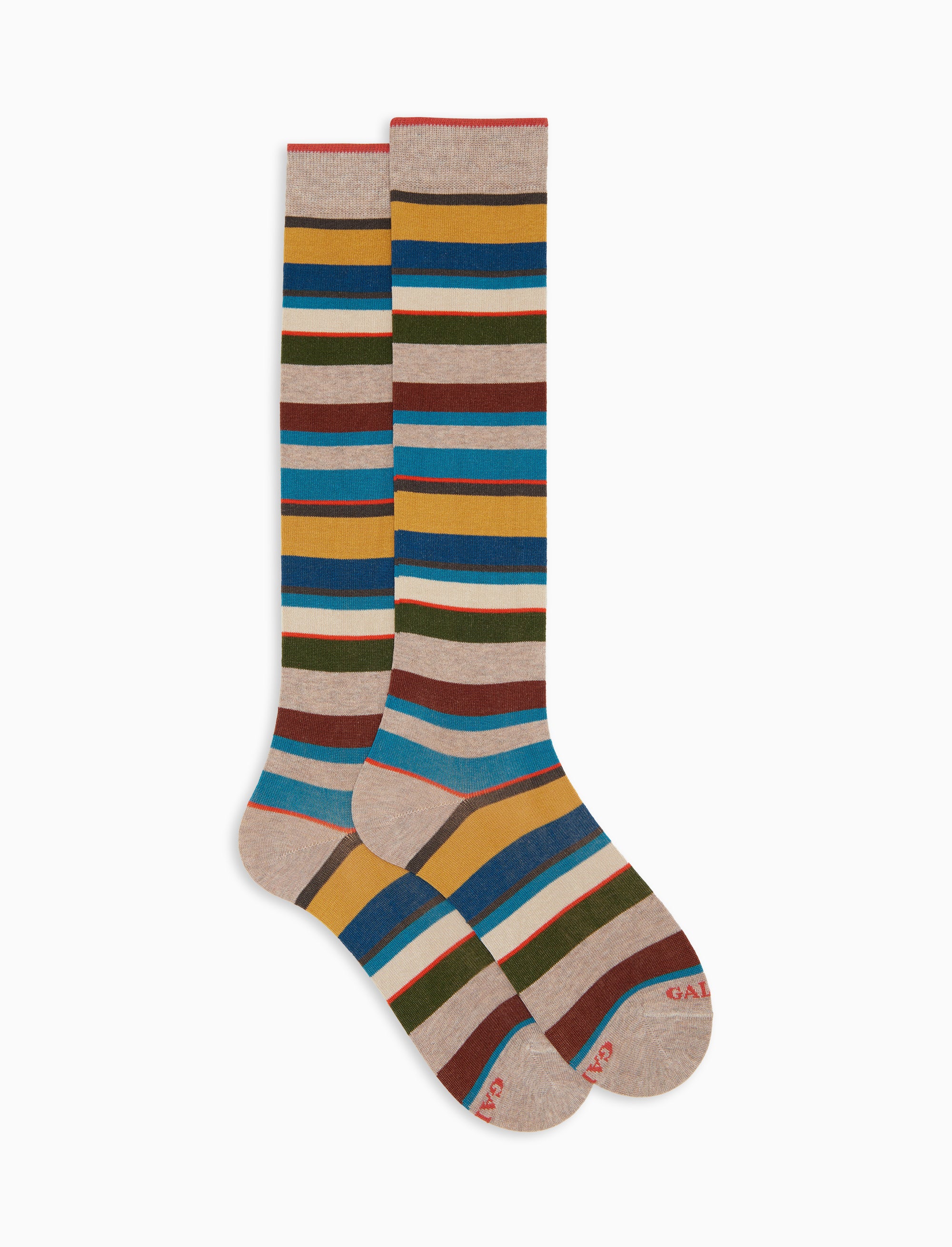 Calze lunghe uomo cotone leggero righe multicolor beige