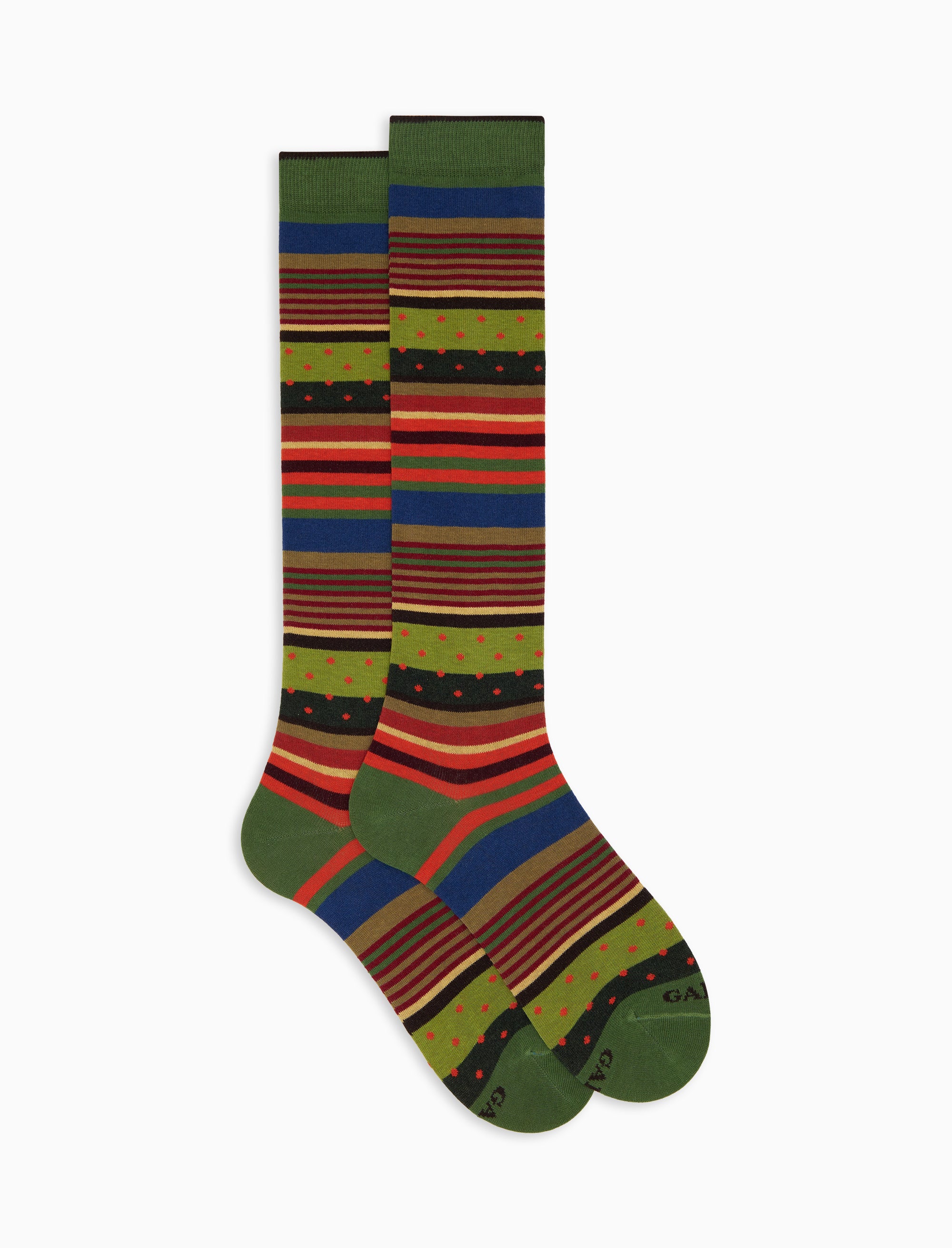 Calze lunghe uomo cotone verde fantasia mix righe e pois