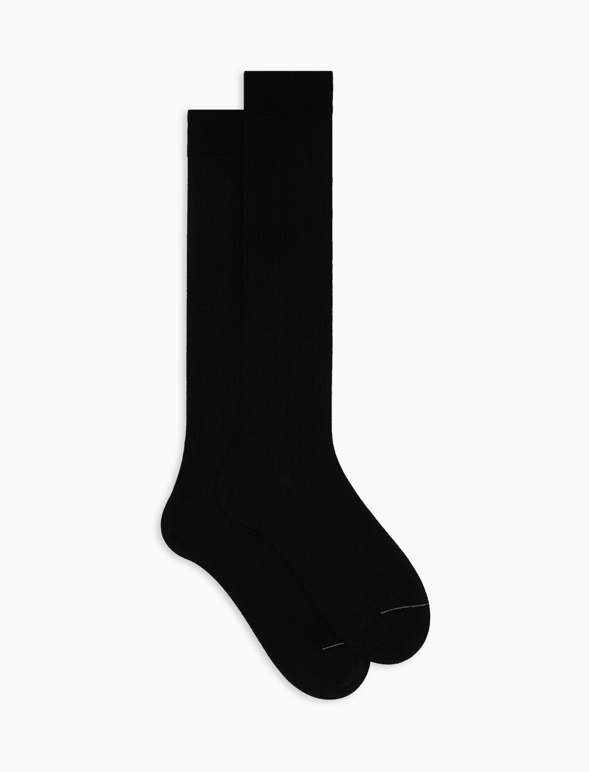 Calze lunghe uomo lana, seta e cashmere nero tinta unita a coste - Image 2