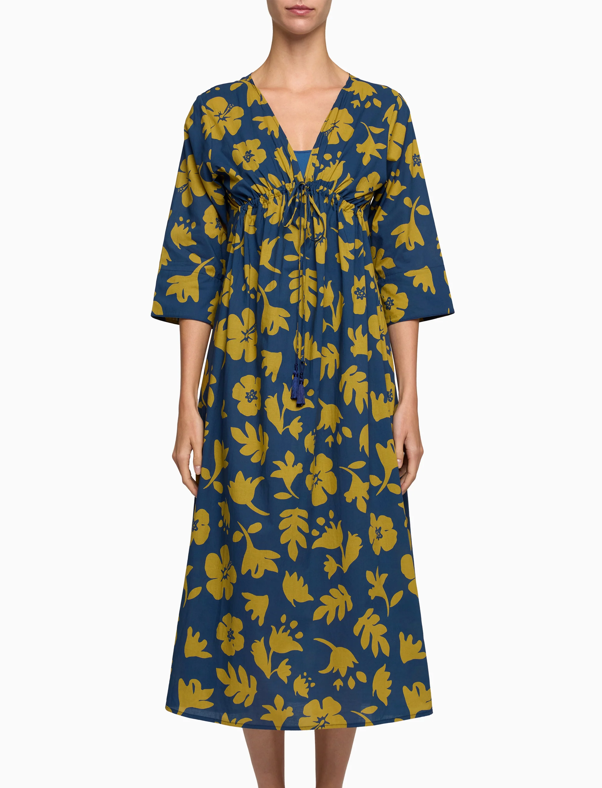 Kaftano lungo donna cotone fantasia fiori su fondo blu