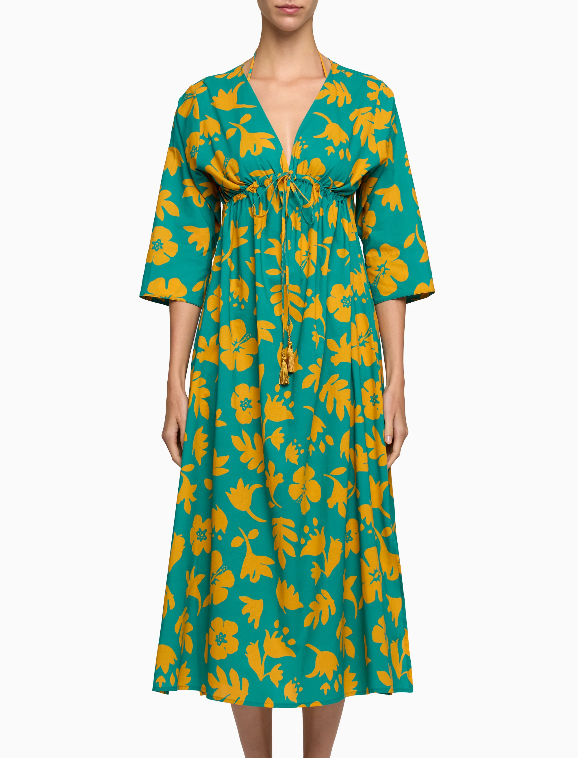 Kaftano lungo donna cotone fantasia fiori su fondo color pavone