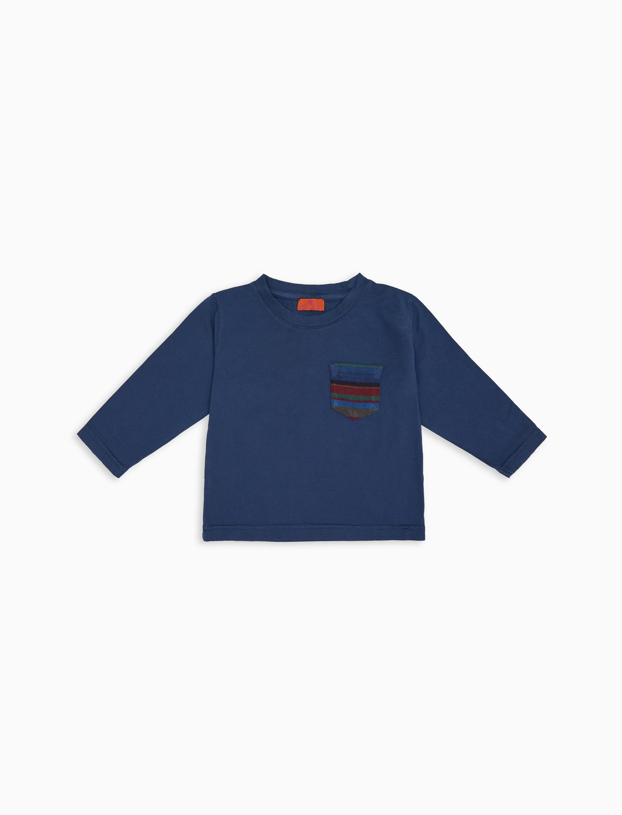 T-shirt maniche lunghe bambino cotone blu tinto capo e taschino pile multicolor