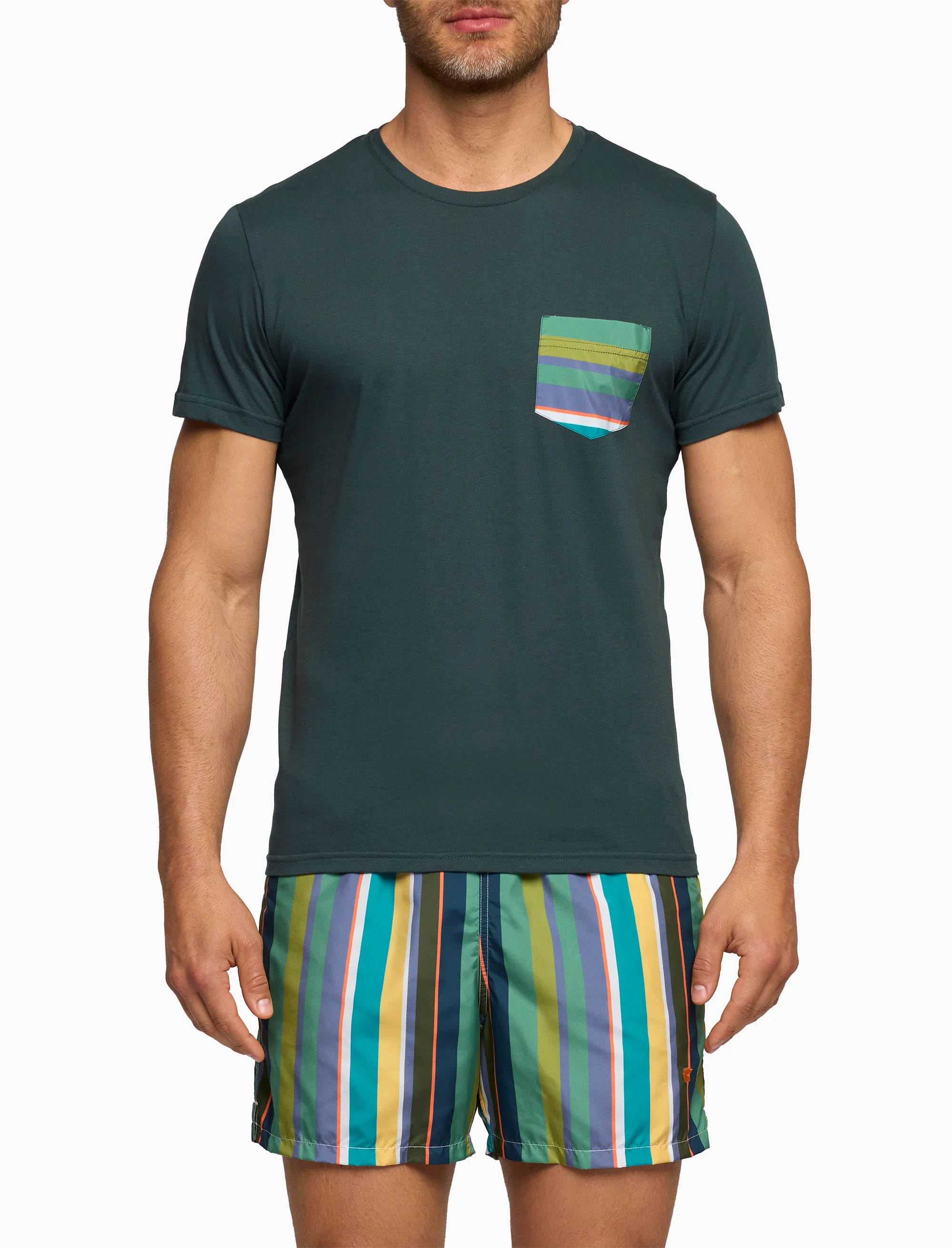 T-shirt uomo cotone tinta unita e taschino multicolor verde