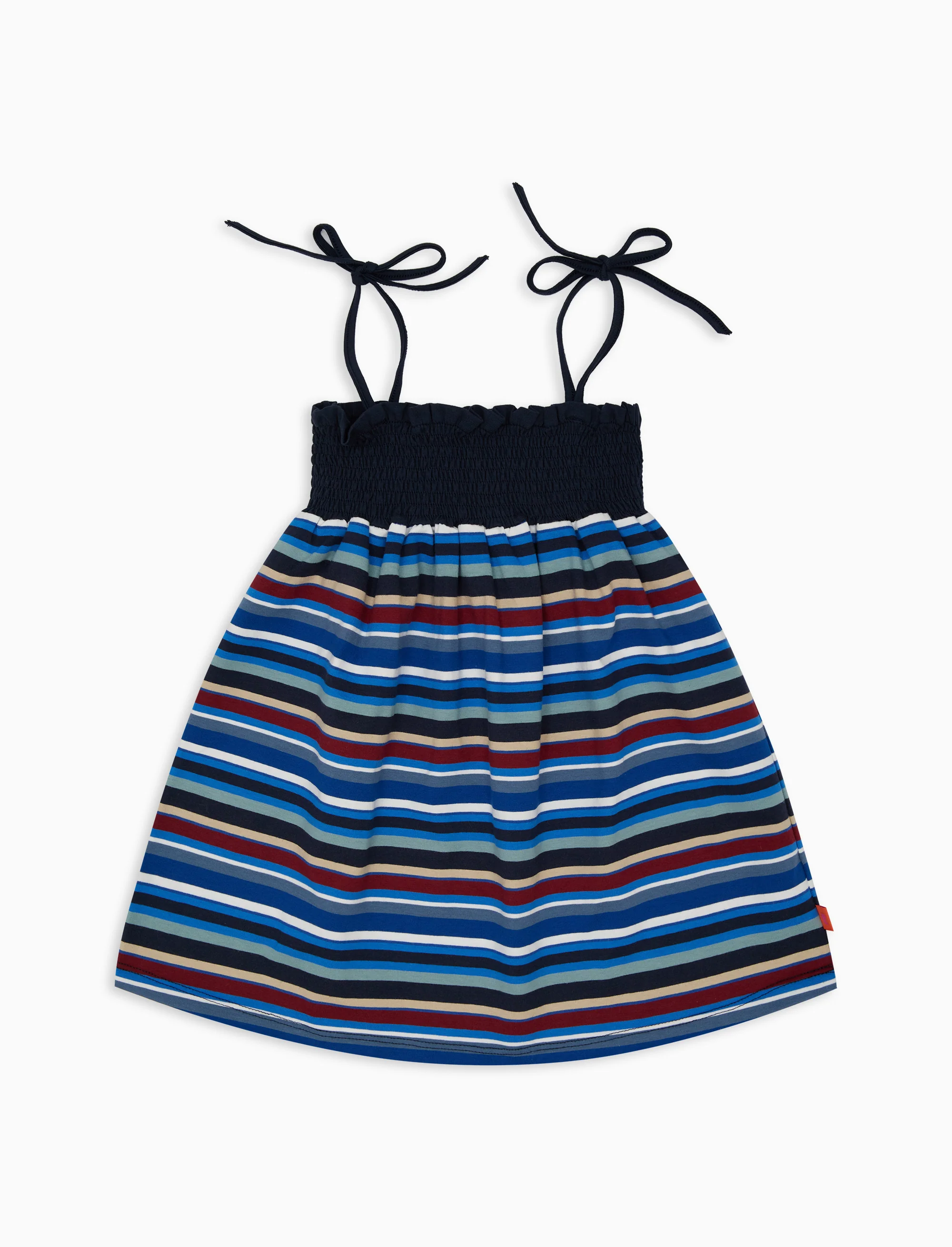 Vestito spalline annodate bambina cotone blu royal righe multicolor